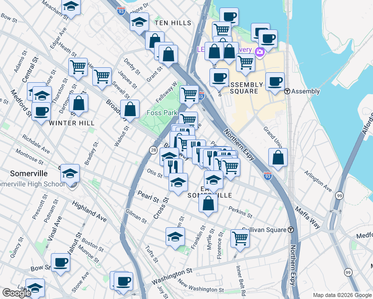 map of restaurants, bars, coffee shops, grocery stores, and more near 174 Broadway in Somerville
