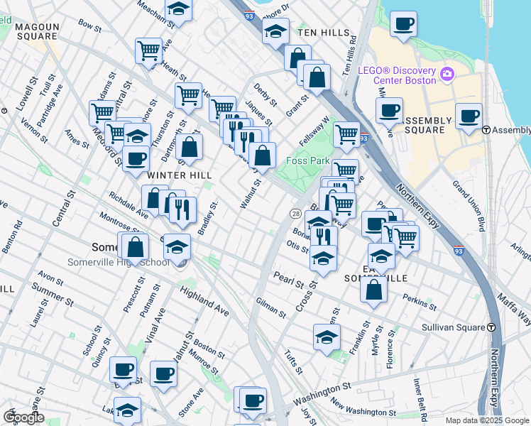map of restaurants, bars, coffee shops, grocery stores, and more near 39 Wigglesworth Street in Somerville