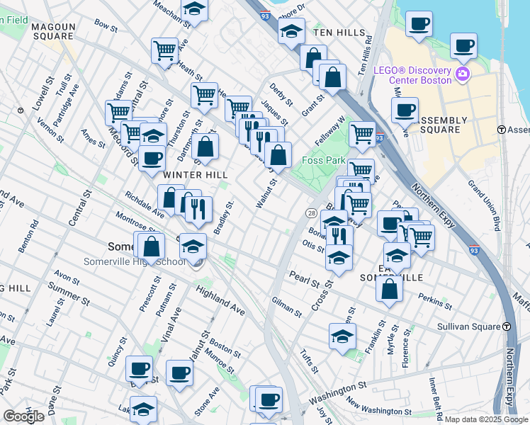 map of restaurants, bars, coffee shops, grocery stores, and more near 39 Wigglesworth Street in Somerville