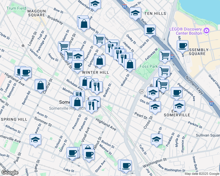 map of restaurants, bars, coffee shops, grocery stores, and more near 19 Bradley Street in Somerville