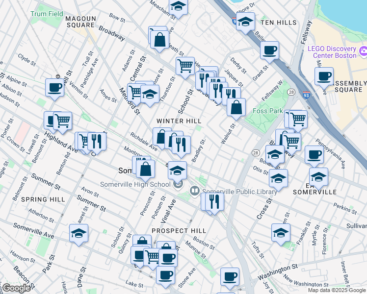 map of restaurants, bars, coffee shops, grocery stores, and more near 94 Marshall Street in Somerville