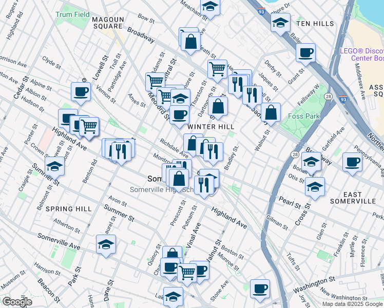 map of restaurants, bars, coffee shops, grocery stores, and more near in Somerville
