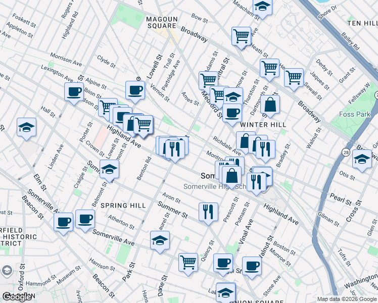map of restaurants, bars, coffee shops, grocery stores, and more near 14 Sycamore Street in Somerville