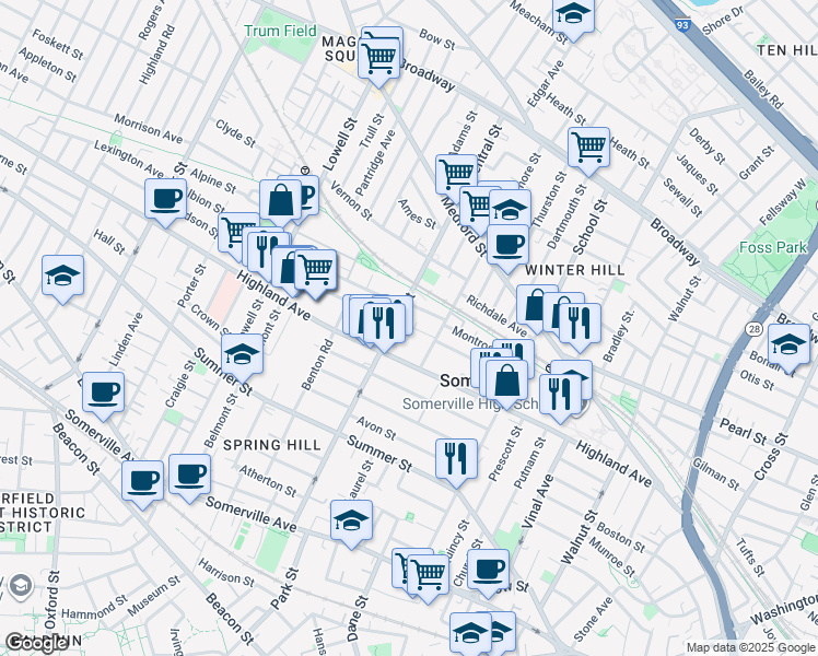 map of restaurants, bars, coffee shops, grocery stores, and more near 149a Highland Avenue in Somerville