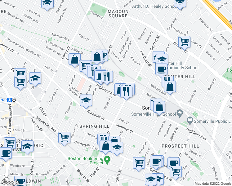 map of restaurants, bars, coffee shops, grocery stores, and more near 164 Highland Avenue in Somerville