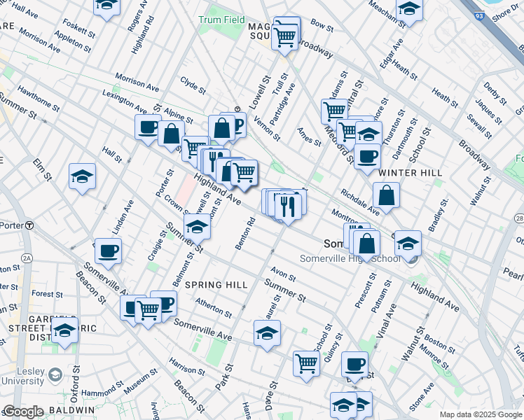 map of restaurants, bars, coffee shops, grocery stores, and more near 164 Highland Avenue in Somerville