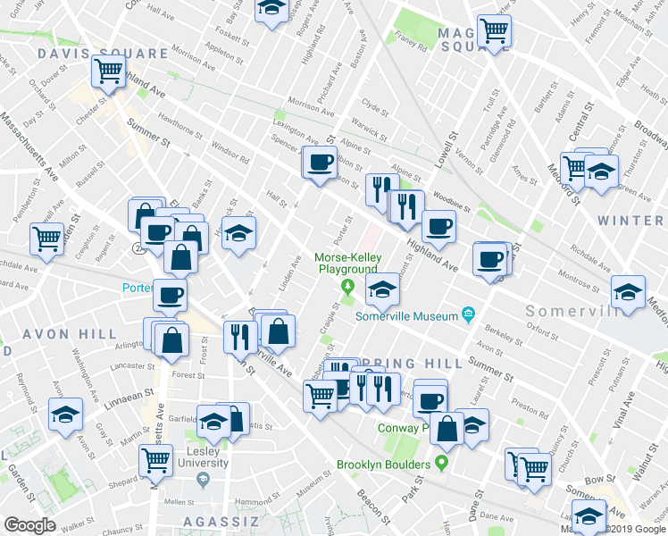 map of restaurants, bars, coffee shops, grocery stores, and more near 215 Summer Street in Somerville