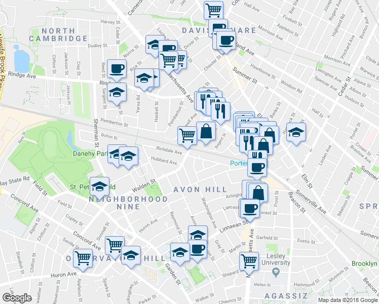 map of restaurants, bars, coffee shops, grocery stores, and more near 77 Walden Street in Cambridge