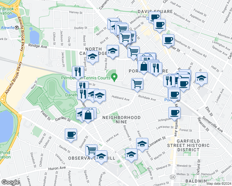 map of restaurants, bars, coffee shops, grocery stores, and more near 36 Hubbard Avenue in Cambridge