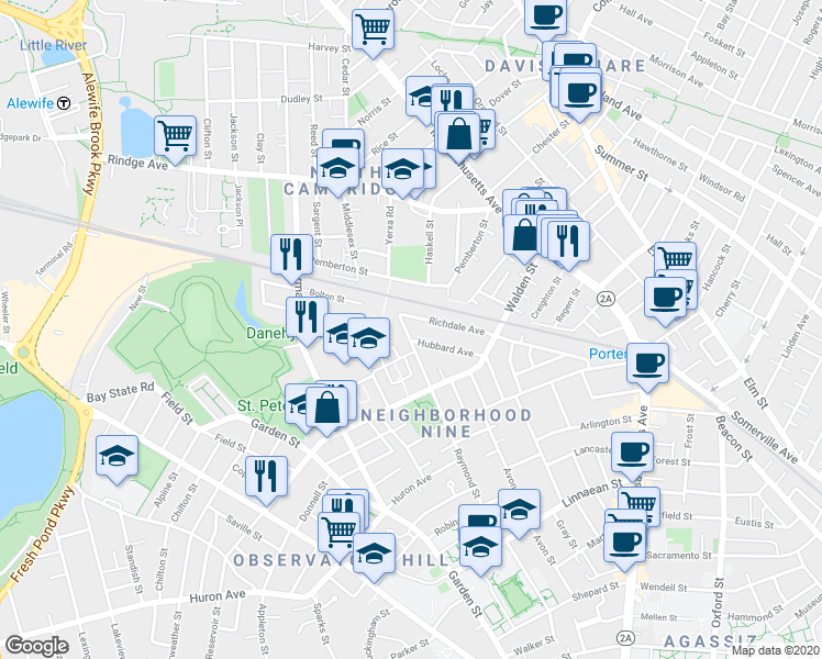 map of restaurants, bars, coffee shops, grocery stores, and more near 176 Raymond Street in Cambridge