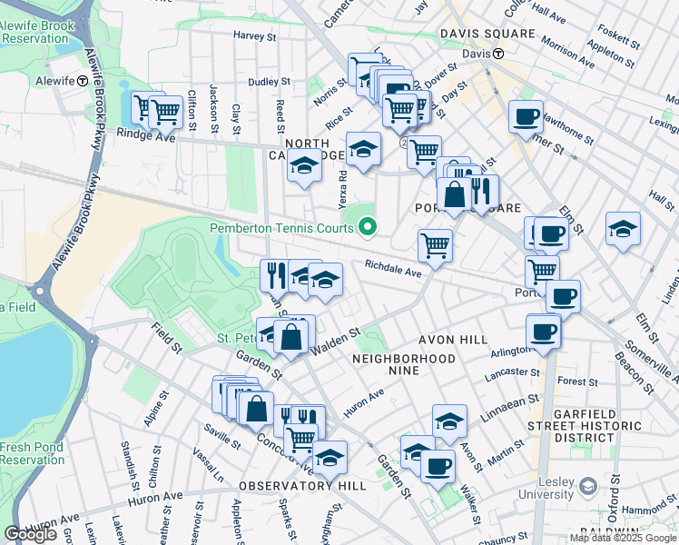 map of restaurants, bars, coffee shops, grocery stores, and more near 57 Lincoln Way in Cambridge