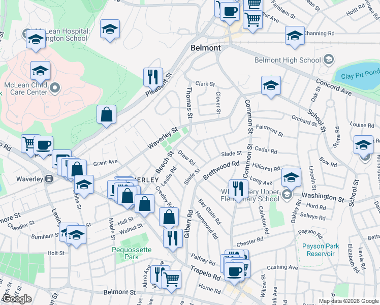 map of restaurants, bars, coffee shops, grocery stores, and more near 28 Upland Road in Belmont