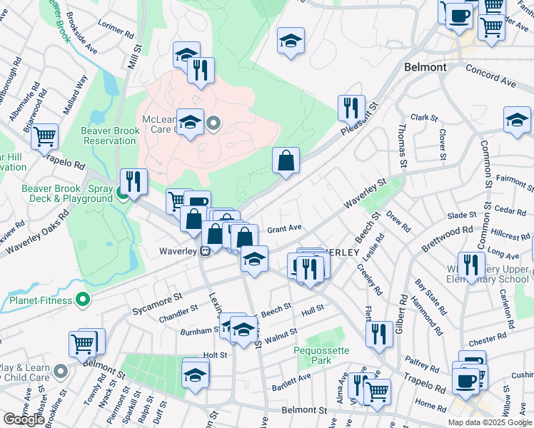 map of restaurants, bars, coffee shops, grocery stores, and more near 32 Grant Avenue in Belmont
