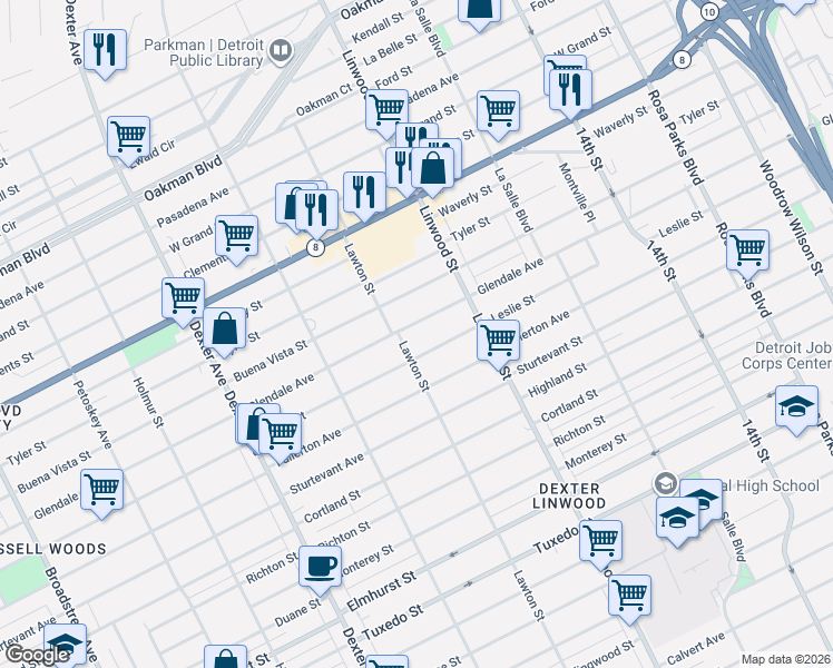 map of restaurants, bars, coffee shops, grocery stores, and more near 2900 Leslie Street in Detroit