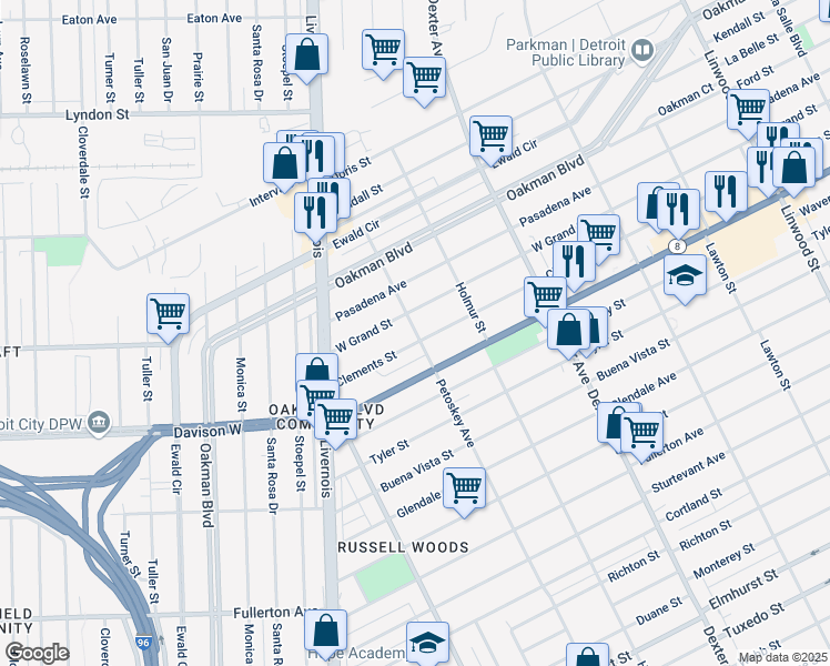 map of restaurants, bars, coffee shops, grocery stores, and more near 4209 Clements Street in Detroit
