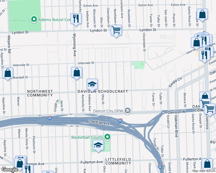 map of restaurants, bars, coffee shops, grocery stores, and more near 13658 Cherrylawn Street in Detroit