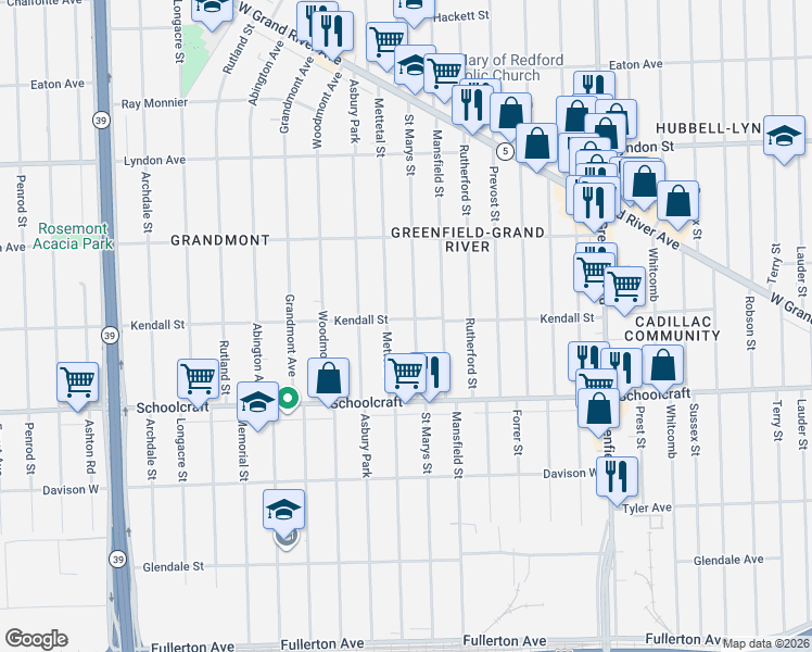 map of restaurants, bars, coffee shops, grocery stores, and more near 14008 Mettetal Street in Detroit