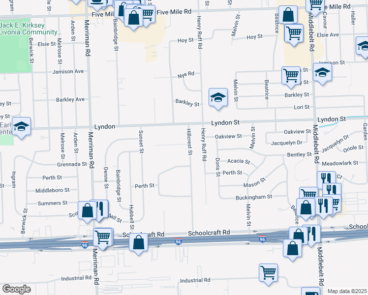 map of restaurants, bars, coffee shops, grocery stores, and more near 14265 North Livonia Crescent in Livonia