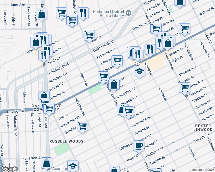 map of restaurants, bars, coffee shops, grocery stores, and more near Dexter Avenue & Waverly Street in Detroit