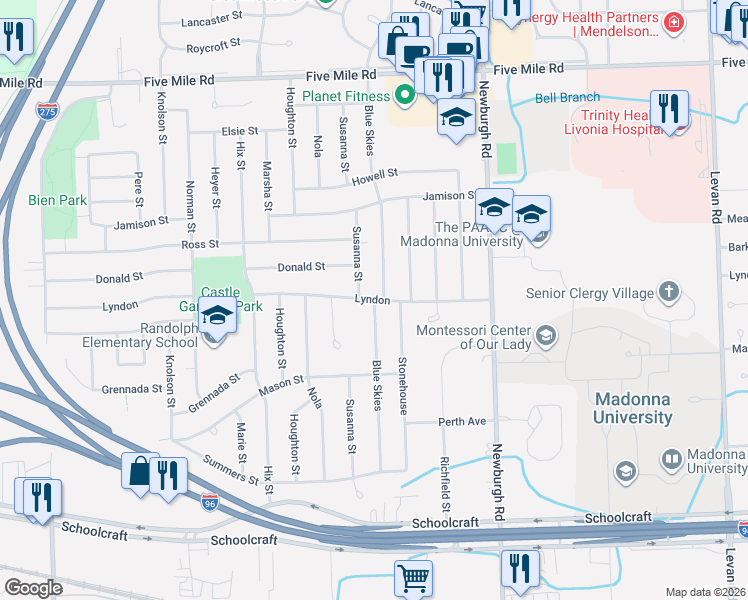 map of restaurants, bars, coffee shops, grocery stores, and more near 14477 Blue Skies Street in Livonia