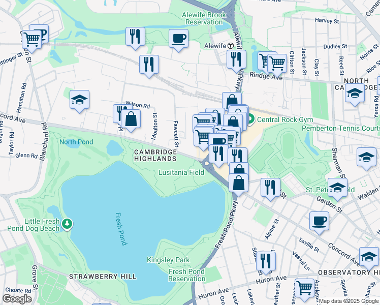 map of restaurants, bars, coffee shops, grocery stores, and more near 605 Concord Avenue in Cambridge