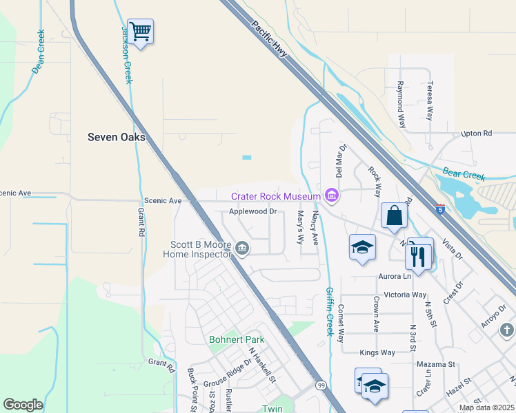 map of restaurants, bars, coffee shops, grocery stores, and more near 253 Summer Glen Court in Central Point