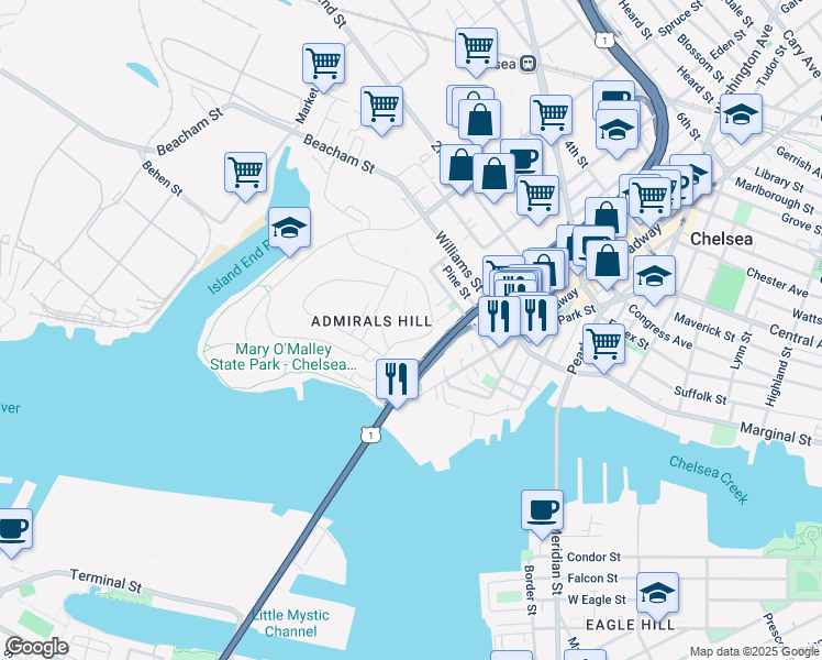 map of restaurants, bars, coffee shops, grocery stores, and more near 1 Boatswains Way in Chelsea