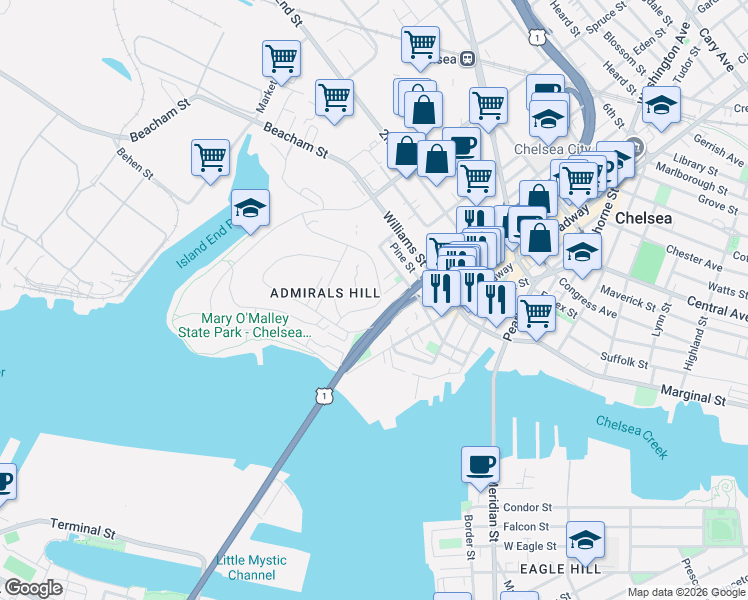 map of restaurants, bars, coffee shops, grocery stores, and more near 114 Captains Row in Chelsea