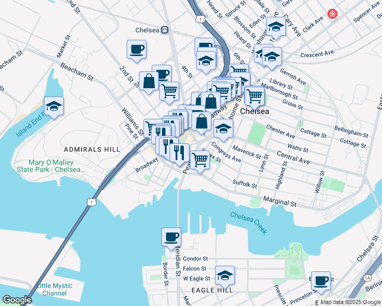 map of restaurants, bars, coffee shops, grocery stores, and more near 62 Pearl Street in Chelsea