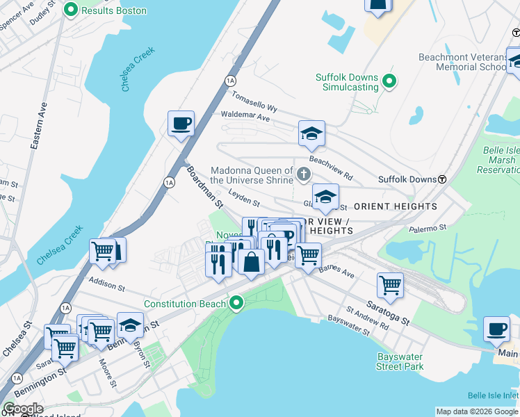 map of restaurants, bars, coffee shops, grocery stores, and more near 91 Ashley Street in Boston