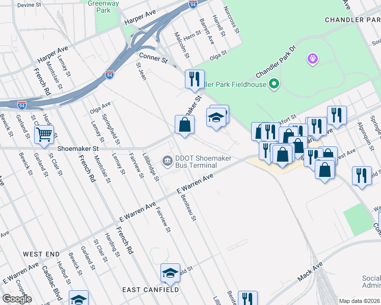 map of restaurants, bars, coffee shops, grocery stores, and more near 5100 St Jean St in Detroit