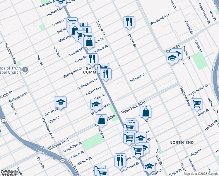 map of restaurants, bars, coffee shops, grocery stores, and more near 10210 Woodward Avenue in Detroit