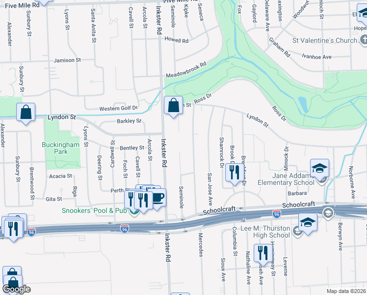 map of restaurants, bars, coffee shops, grocery stores, and more near 14174 Seminole in Redford Charter Township