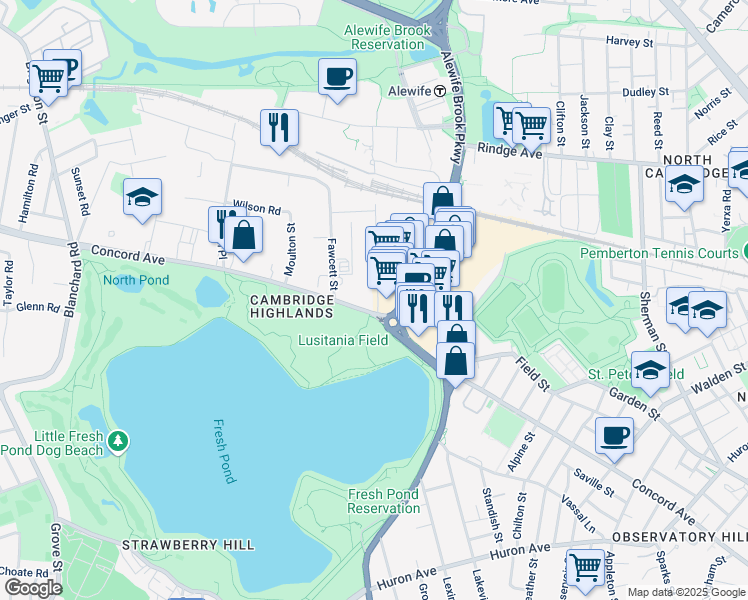 map of restaurants, bars, coffee shops, grocery stores, and more near in Cambridge