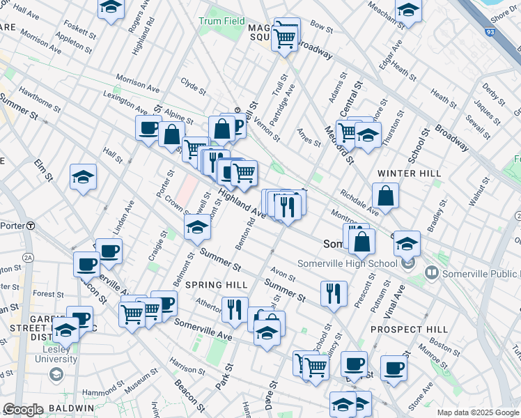 map of restaurants, bars, coffee shops, grocery stores, and more near 67 Benton Road in Somerville