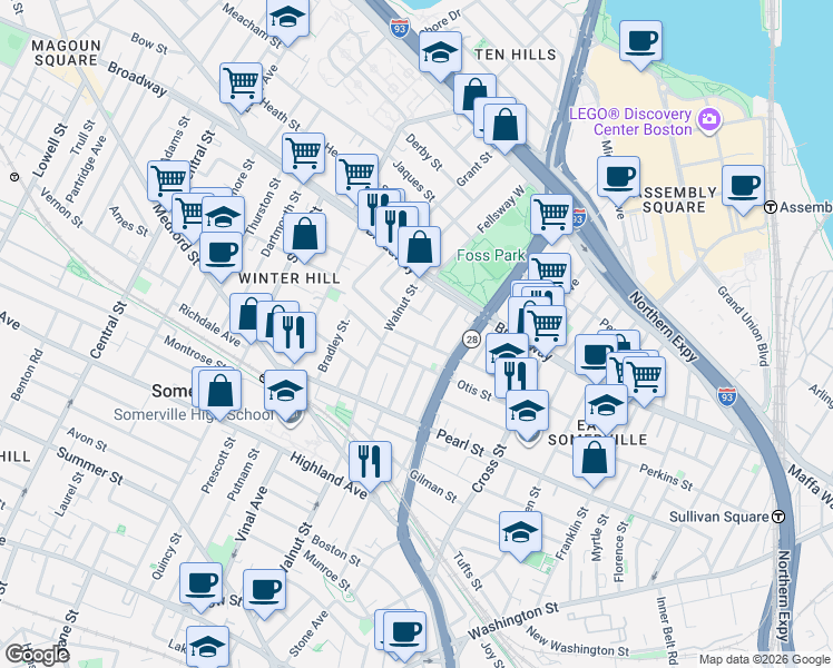 map of restaurants, bars, coffee shops, grocery stores, and more near 39 Wigglesworth Street in Somerville