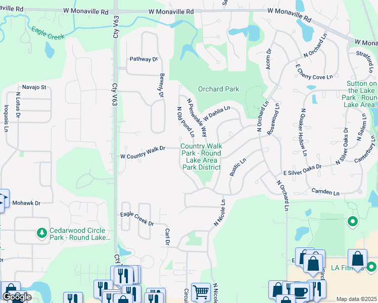 map of restaurants, bars, coffee shops, grocery stores, and more near 2228 North Old Pond Court in Round Lake Beach