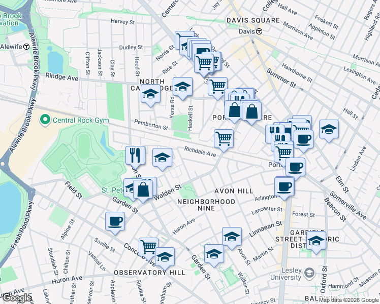 map of restaurants, bars, coffee shops, grocery stores, and more near 36 Hubbard Avenue in Cambridge