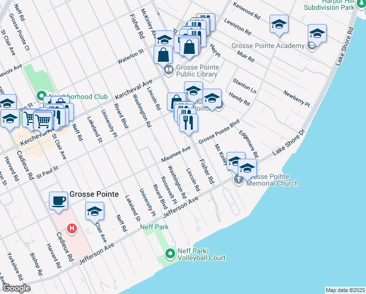 map of restaurants, bars, coffee shops, grocery stores, and more near 300 Lincoln Road in Grosse Pointe