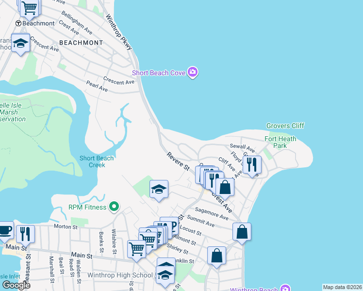 map of restaurants, bars, coffee shops, grocery stores, and more near 361 Revere Street in Winthrop