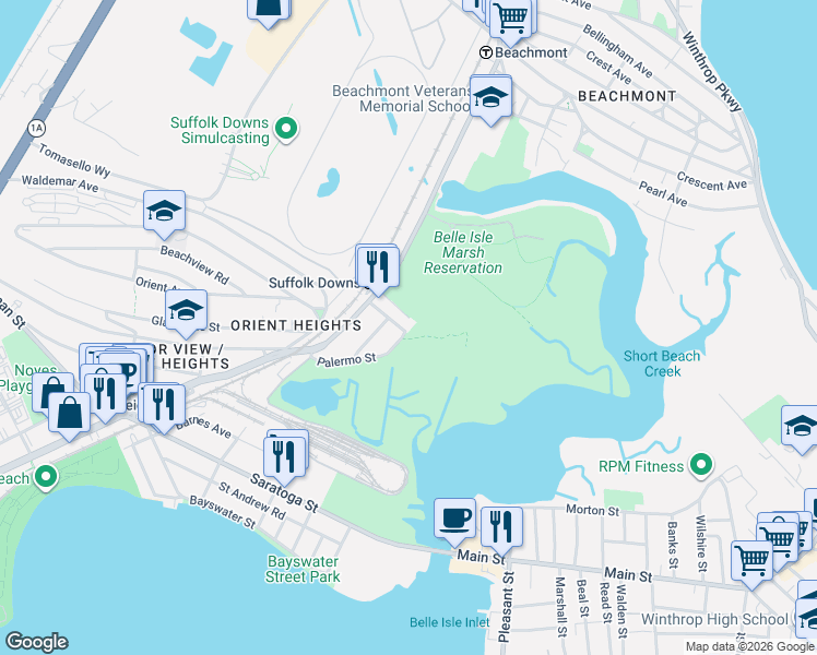 map of restaurants, bars, coffee shops, grocery stores, and more near 18 Leverett Avenue in Boston