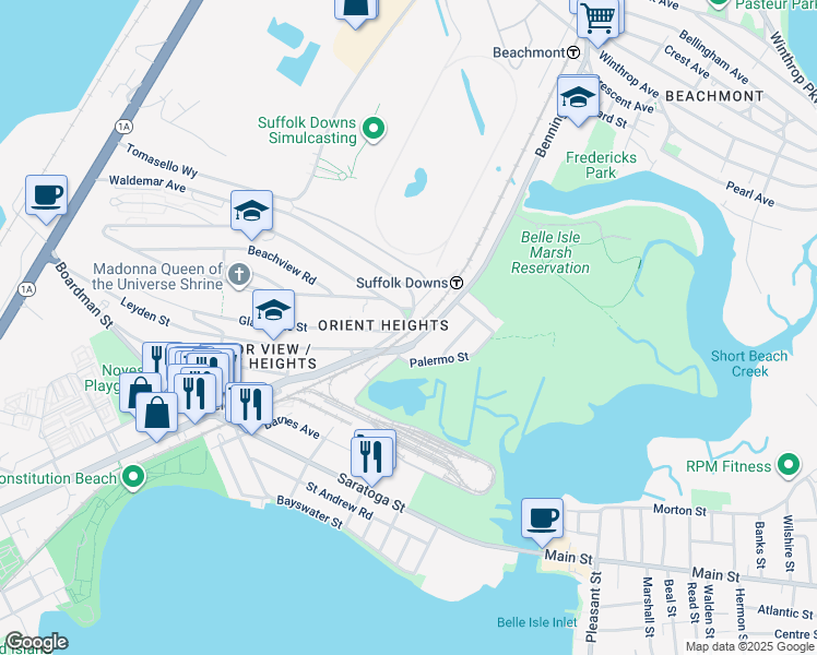 map of restaurants, bars, coffee shops, grocery stores, and more near 1200 Bennington Street in Boston