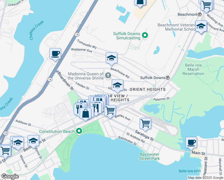 map of restaurants, bars, coffee shops, grocery stores, and more near 35 Ashley Street in Boston