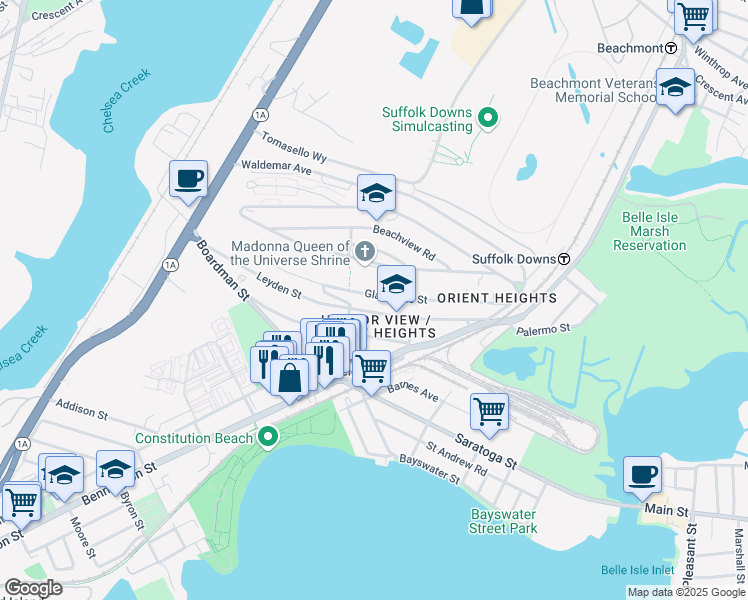 map of restaurants, bars, coffee shops, grocery stores, and more near 35 Ashley Street in Boston