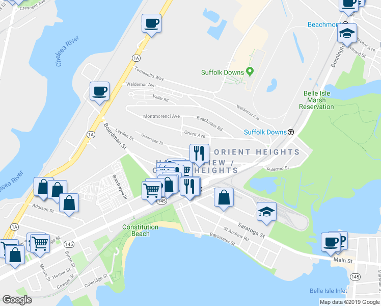 map of restaurants, bars, coffee shops, grocery stores, and more near 35 Ashley Street in Boston