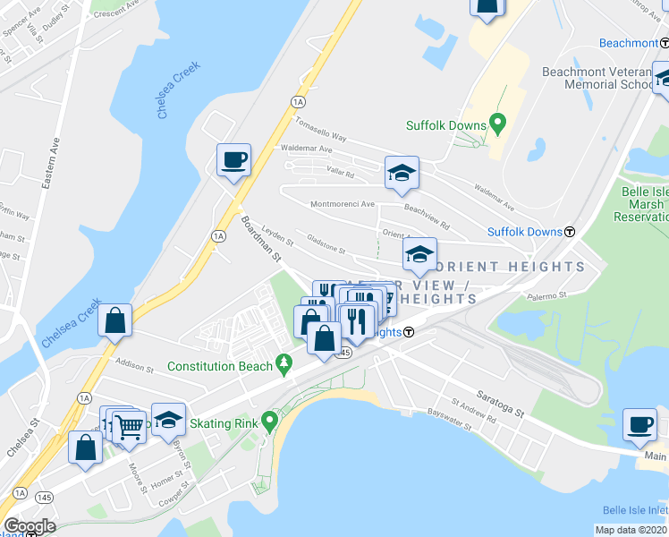 map of restaurants, bars, coffee shops, grocery stores, and more near 91 Ashley Street in Boston