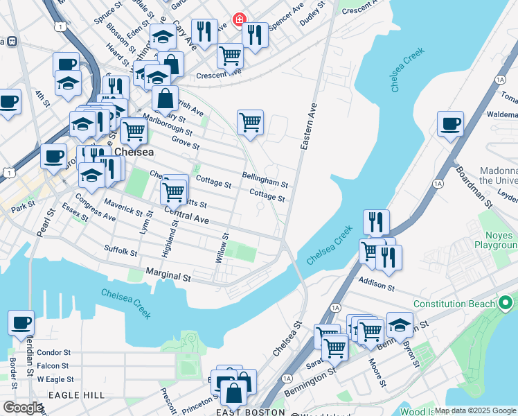 map of restaurants, bars, coffee shops, grocery stores, and more near 270 Central Avenue in Chelsea