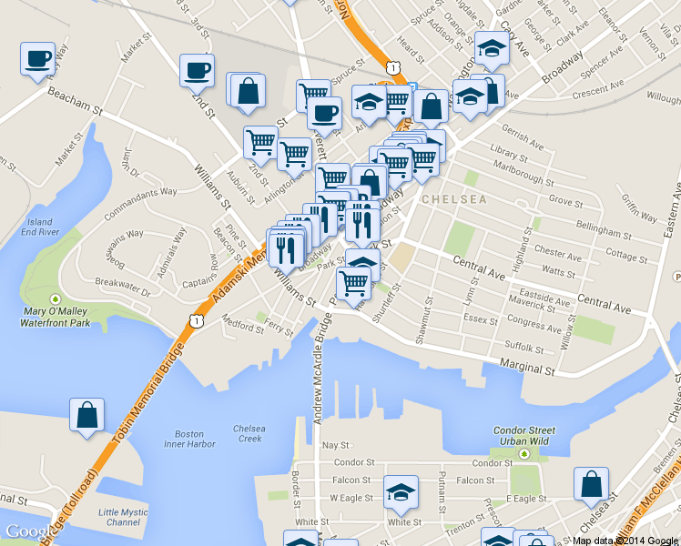 map of restaurants, bars, coffee shops, grocery stores, and more near 62 Pearl Street in Chelsea