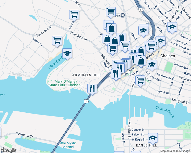 map of restaurants, bars, coffee shops, grocery stores, and more near 1 Boatswains Way in Chelsea