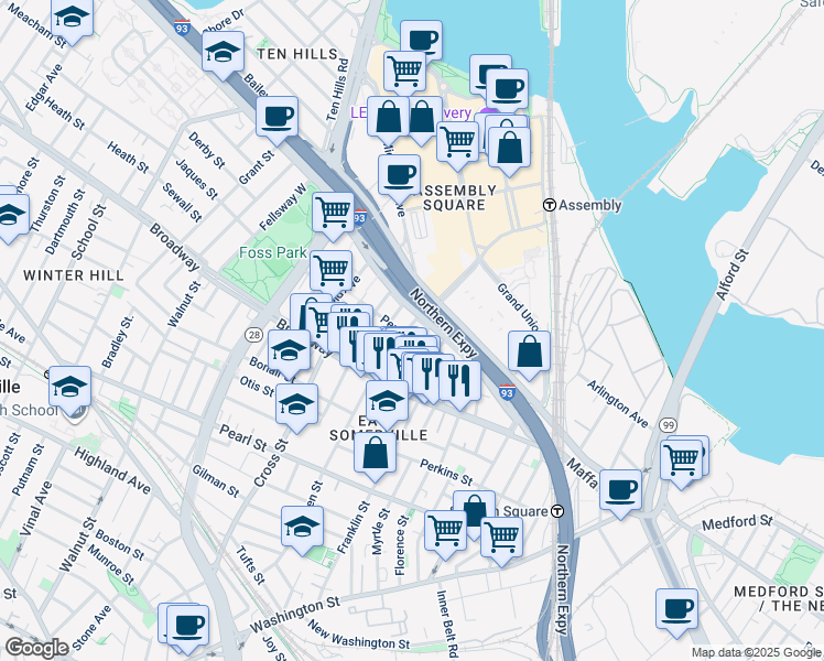 map of restaurants, bars, coffee shops, grocery stores, and more near 34 Indiana Avenue in Somerville